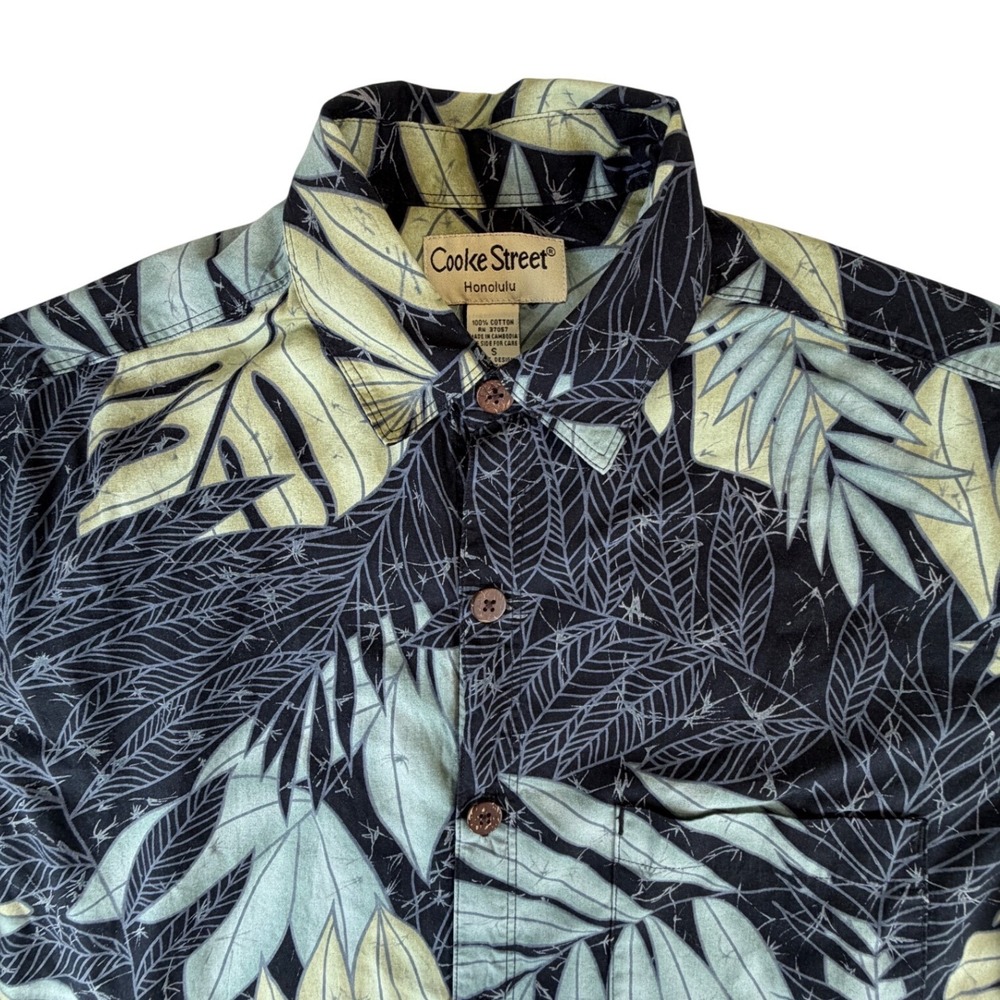 Cooke Street Honolulu Mens Small Hawaiian Shirt Cotton Monstera Leaf Black Sage